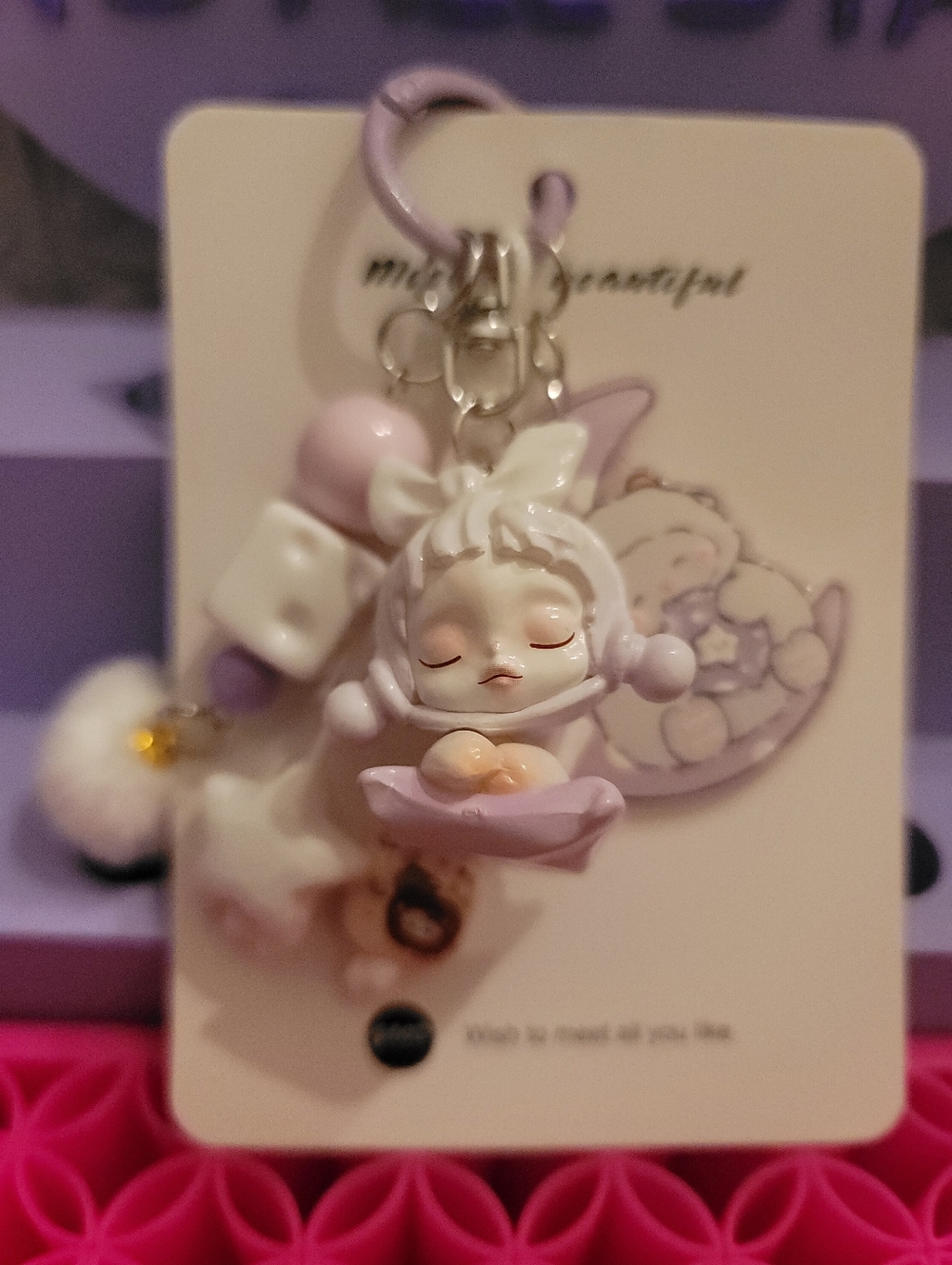 NWT- Cusrom Skull Panda Themed Cute Lavender Sleeping Girl Keychain Charm - Picture 5 of 6